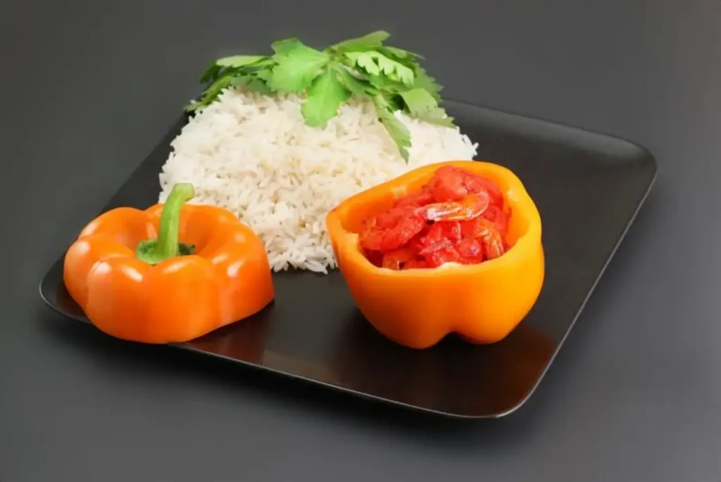 Creole shrimp and white rice healthy food photography