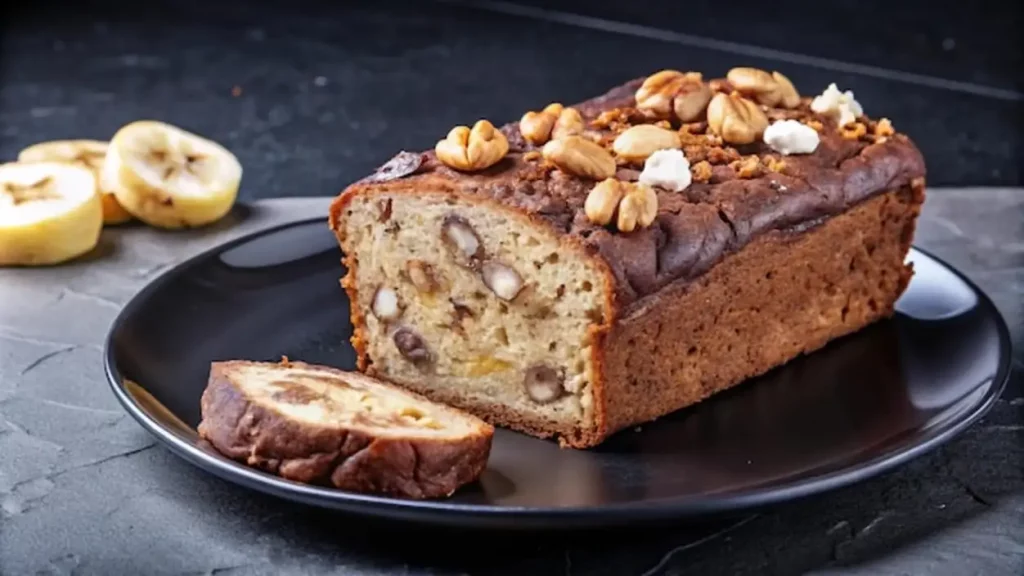 A loaf of banana bread with pecans and a slice on a black plate